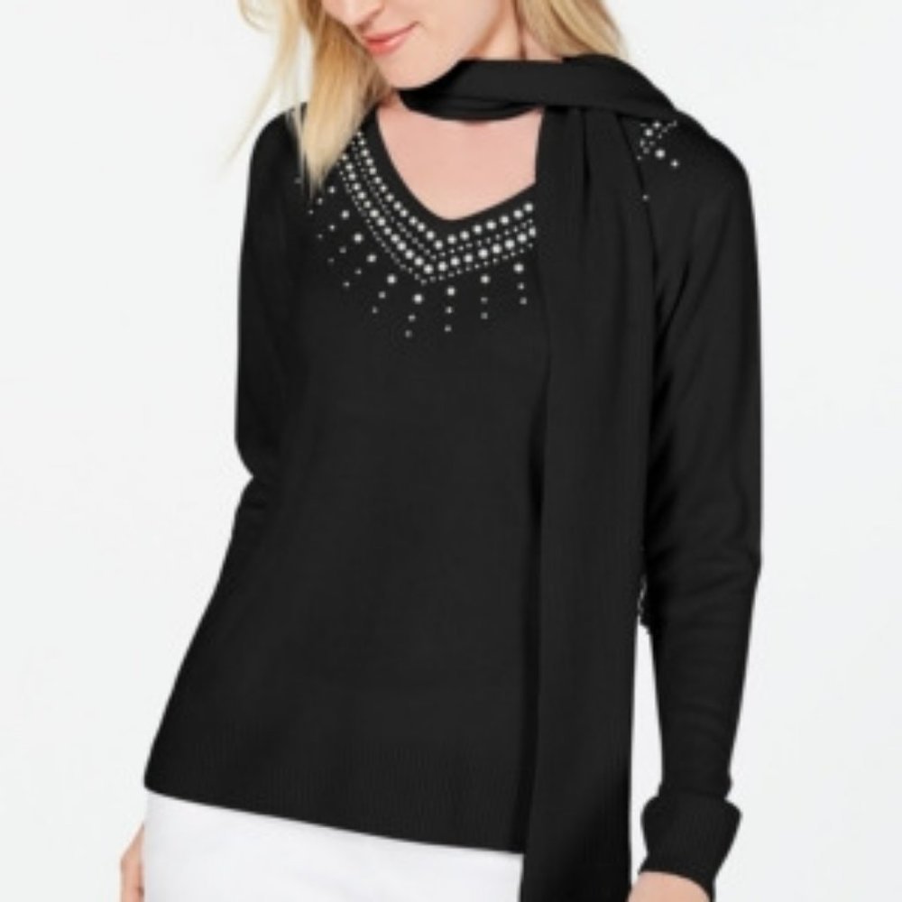 𝅺karen Scott Embellished Scarf Sweater